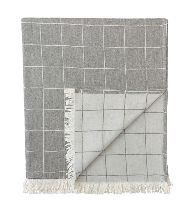 Elevate your space with our 100% cotton throw blanket! Featuring a classic windowpane plaid pattern, it adds a timeless touch to any room. Flip it for a stylish two-tone gray and white look, with polished fringe edges and square corners. Easy care, toss in the wash, and enjoy its beauty.