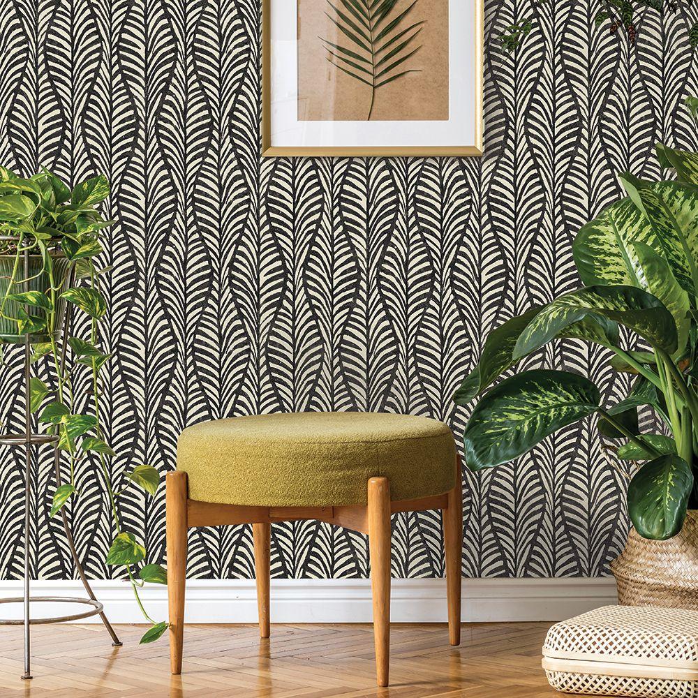 Tempaper Designs LIFESTYLE - Black Jade Block Print Leaves Peel and Stick Wallpaper