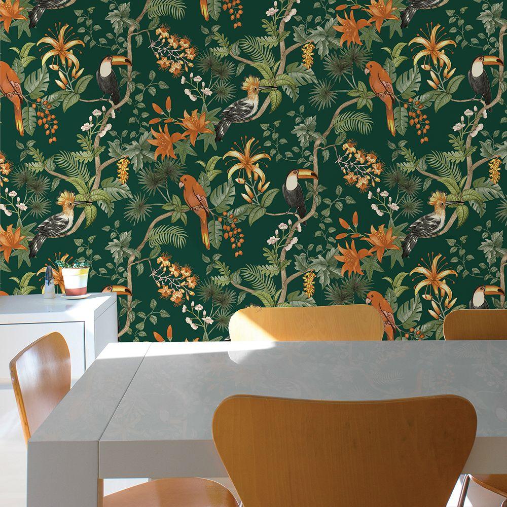 Tempaper Designs LIFESTYLE - Birds of Paradise Rainforest Green Peel and Stick Wallpaper