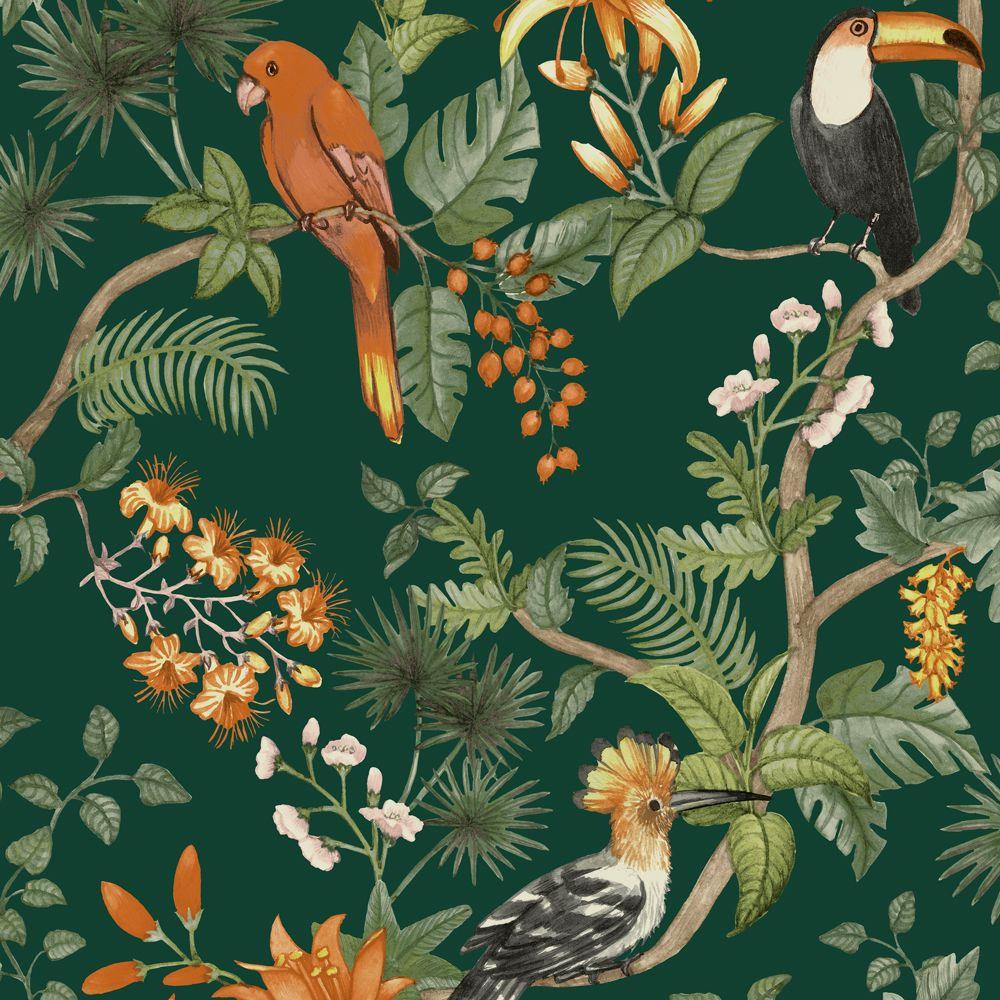 Tempaper Designs LIFESTYLE - Birds of Paradise Rainforest Green Peel and Stick Wallpaper