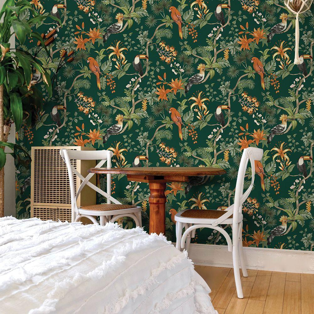 Tempaper Designs LIFESTYLE - Birds of Paradise Rainforest Green Peel and Stick Wallpaper