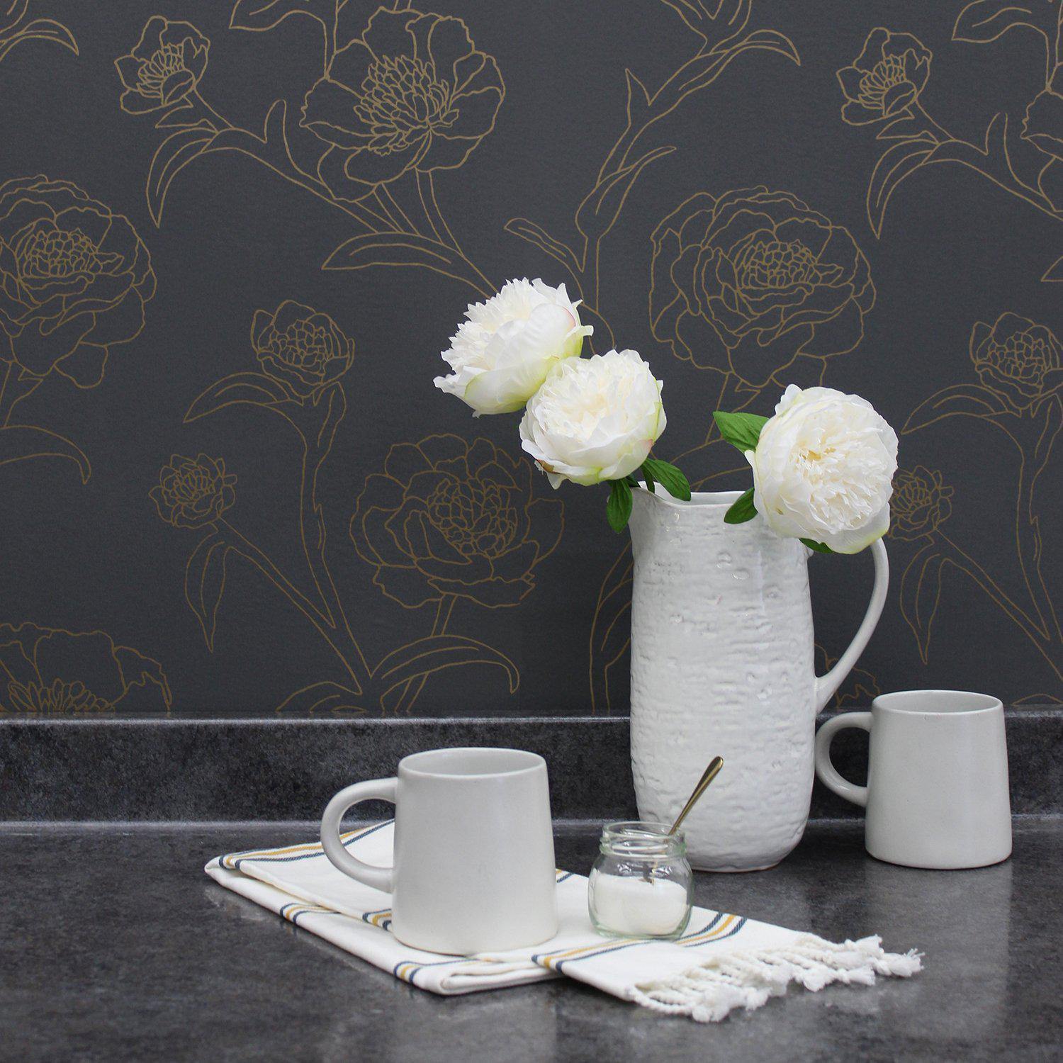 Tempaper Designs LIFESTYLE - Peonies Noir Peel and Stick Wallpaper