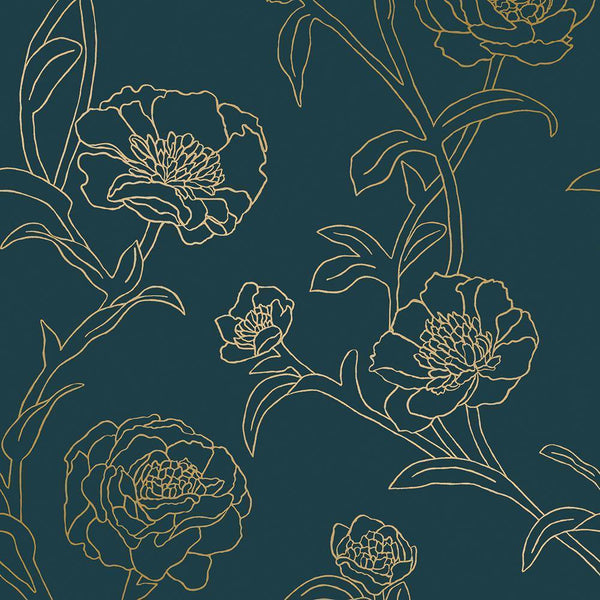 Tempaper Designs LIFESTYLE - Peonies Peacock Blue & Metallic Gold Peel and Stick Wallpaper